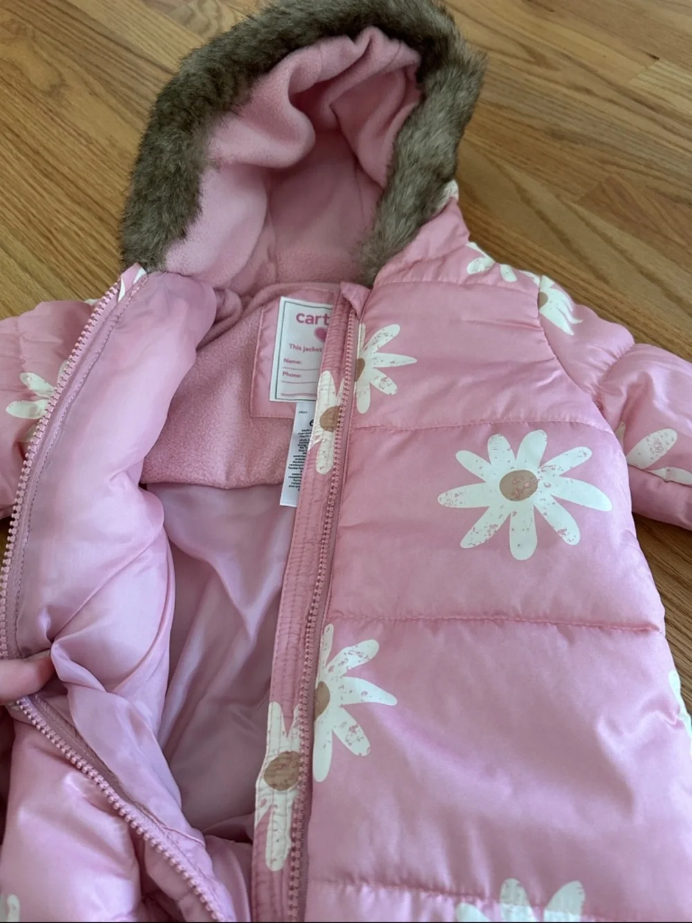 NWT 6m Carters snow suit pink flower baby girl winter coat fleece lined fur trim